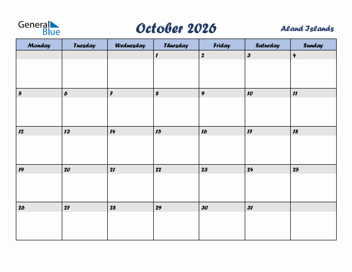 October 2026 Calendar with Holidays in Aland Islands