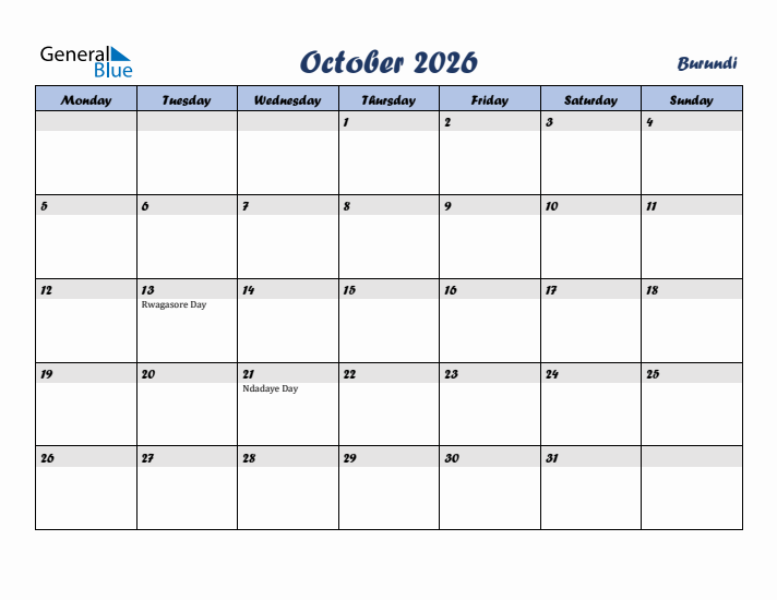 October 2026 Calendar with Holidays in Burundi