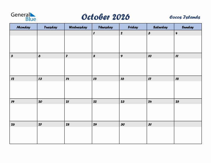 October 2026 Calendar with Holidays in Cocos Islands