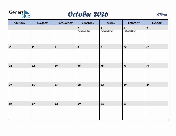 October 2026 Calendar with Holidays in China