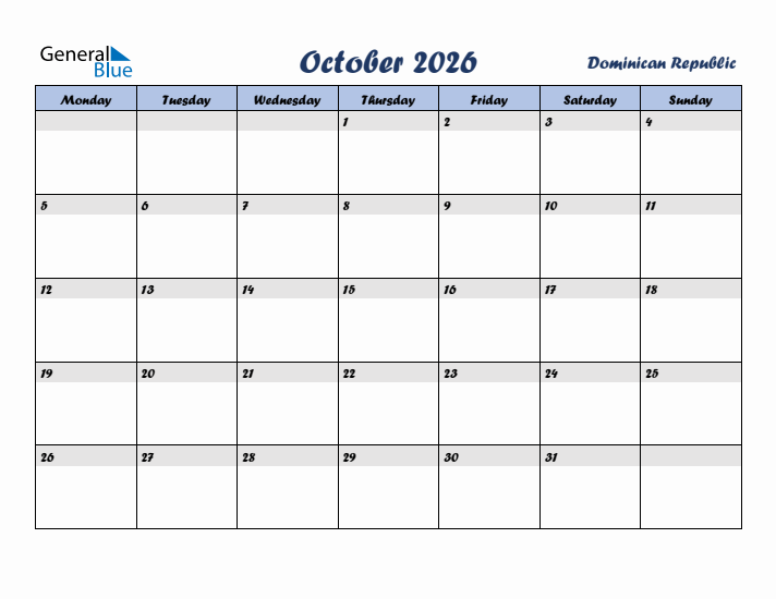 October 2026 Calendar with Holidays in Dominican Republic