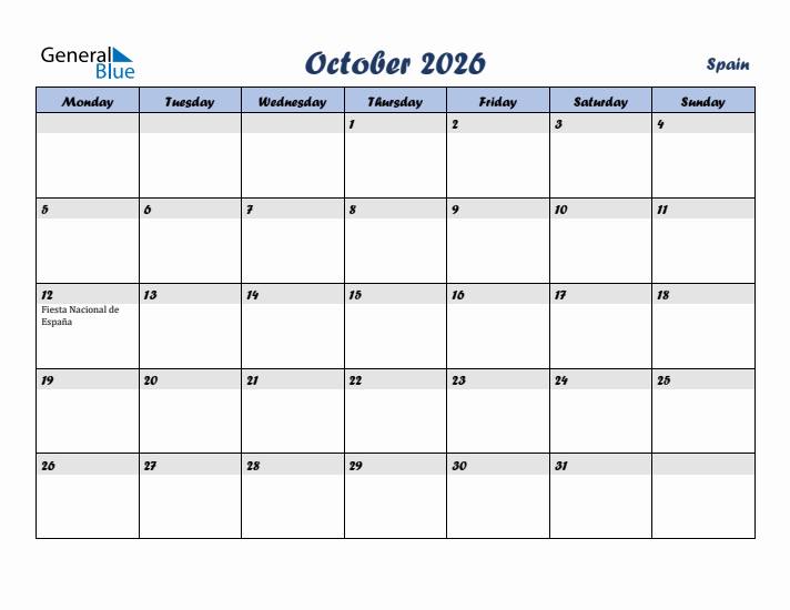 October 2026 Calendar with Holidays in Spain