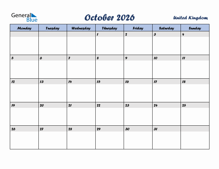 October 2026 Calendar with Holidays in United Kingdom