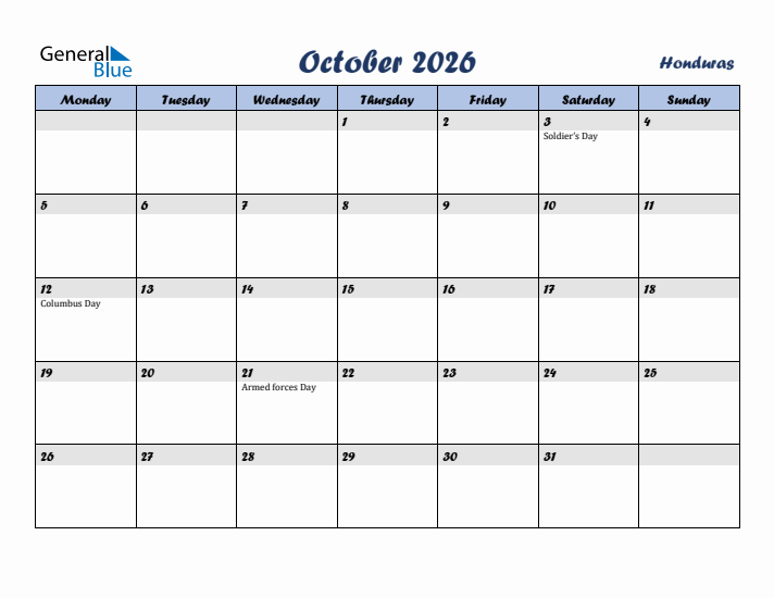 October 2026 Calendar with Holidays in Honduras