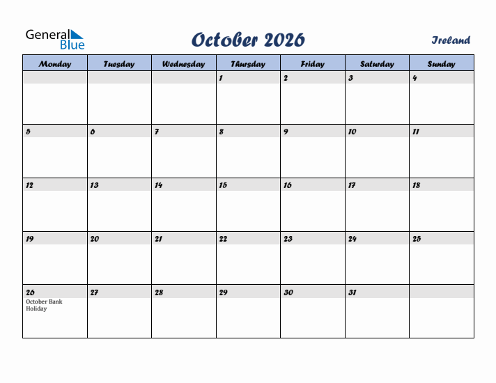 October 2026 Calendar with Holidays in Ireland