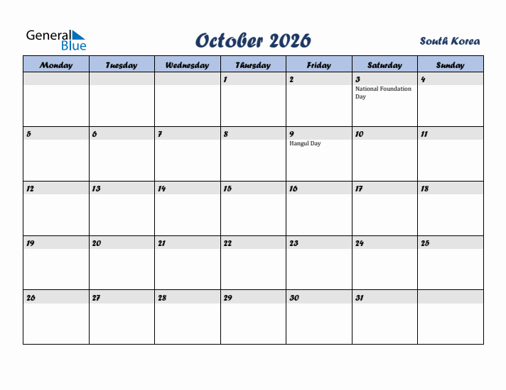 October 2026 Calendar with Holidays in South Korea