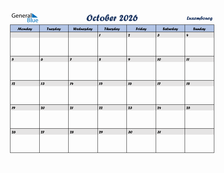 October 2026 Calendar with Holidays in Luxembourg