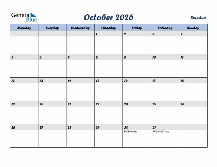 October 2026 Calendar with Holidays in Sweden