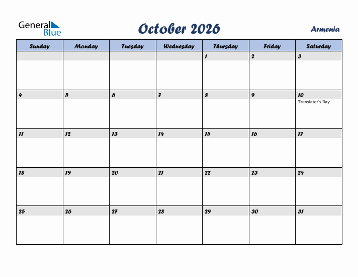 October 2026 Calendar with Holidays in Armenia