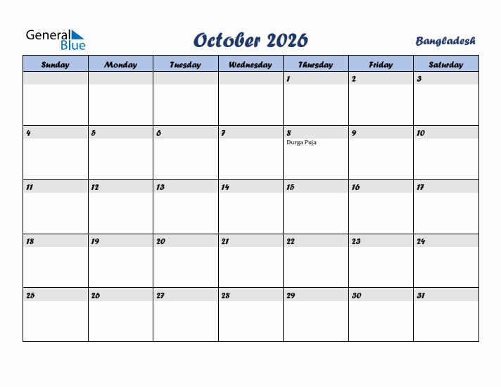 October 2026 Calendar with Holidays in Bangladesh