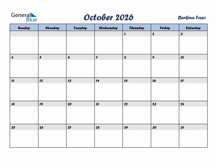 October 2026 Calendar with Holidays in Burkina Faso