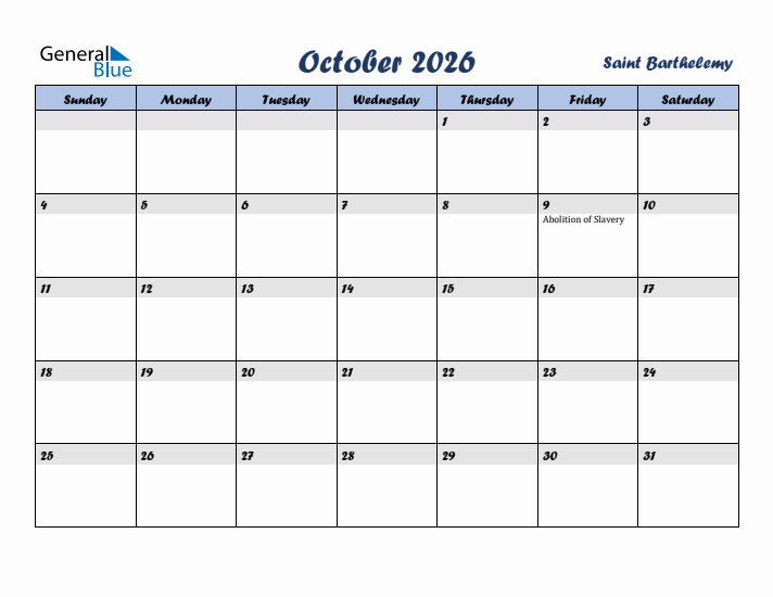 October 2026 Calendar with Holidays in Saint Barthelemy