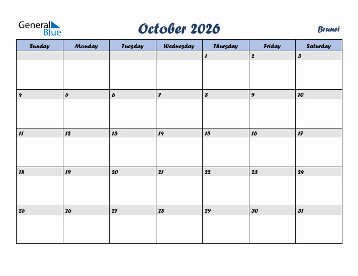 October 2026 Calendar with Holidays in Brunei