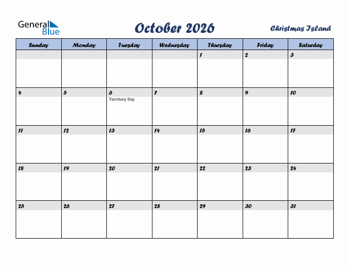 October 2026 Calendar with Holidays in Christmas Island