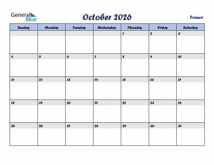 October 2026 Calendar with Holidays in France