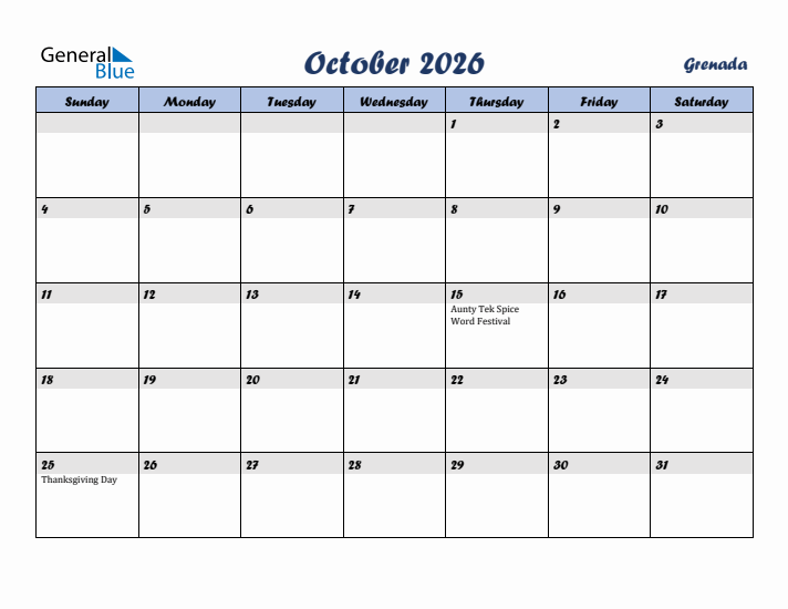 October 2026 Calendar with Holidays in Grenada