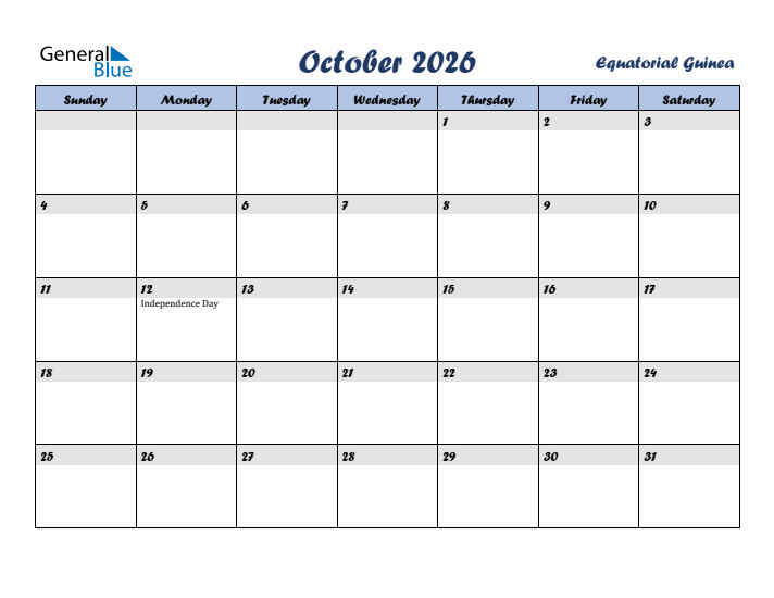 October 2026 Calendar with Holidays in Equatorial Guinea