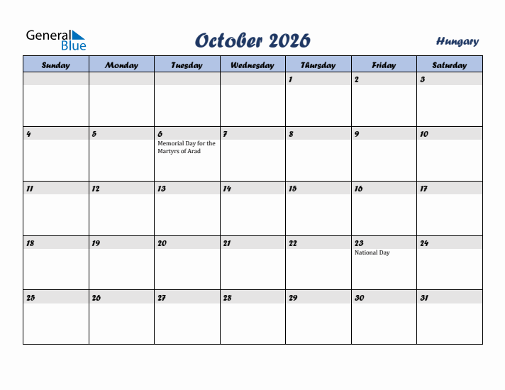 October 2026 Calendar with Holidays in Hungary