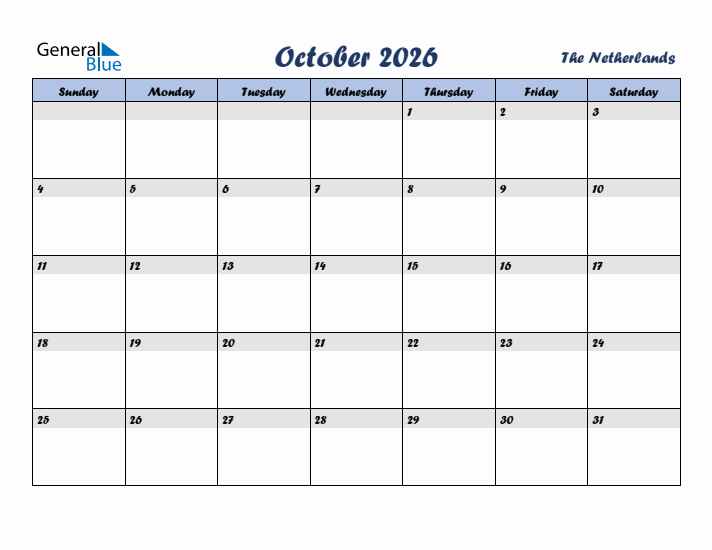 October 2026 Calendar with Holidays in The Netherlands