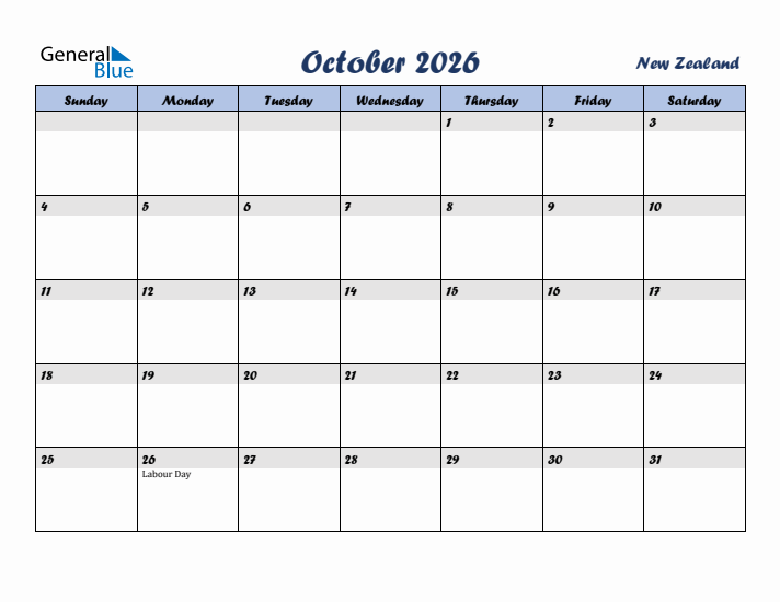 October 2026 Calendar with Holidays in New Zealand