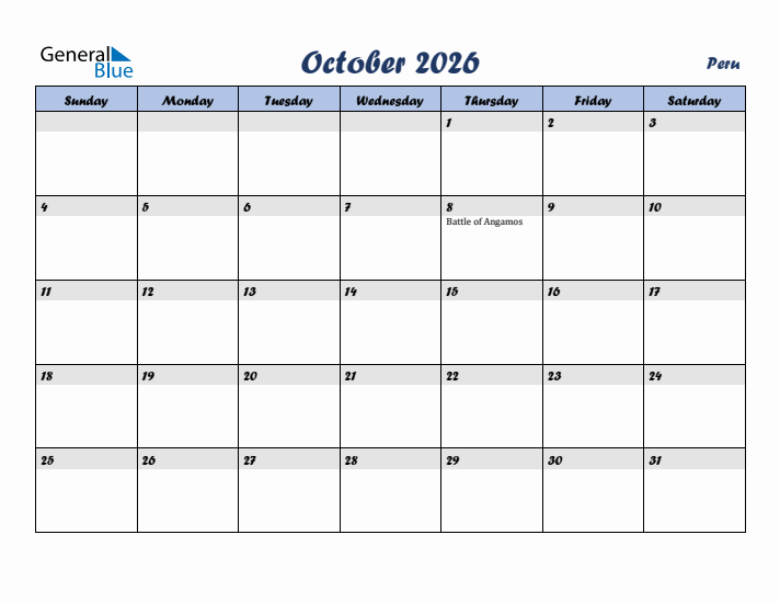 October 2026 Calendar with Holidays in Peru