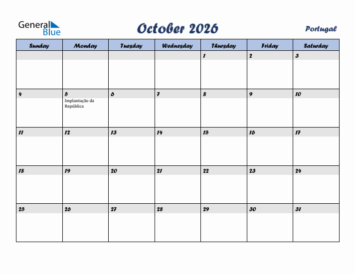 October 2026 Calendar with Holidays in Portugal