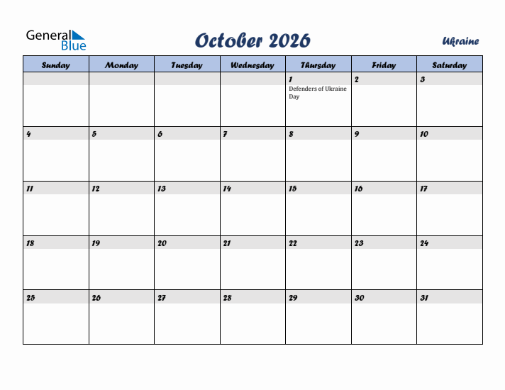 October 2026 Calendar with Holidays in Ukraine