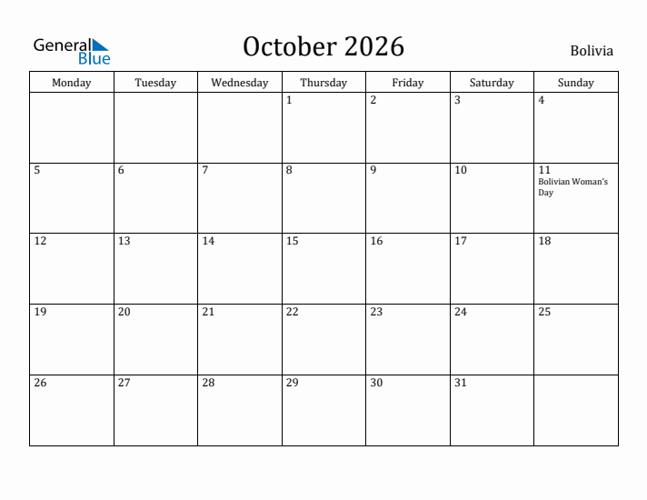 October 2026 Calendar Bolivia