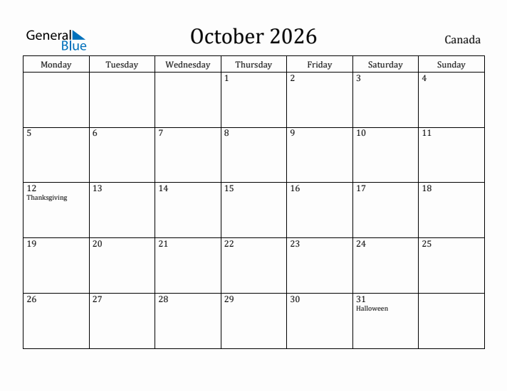 October 2026 Calendar Canada