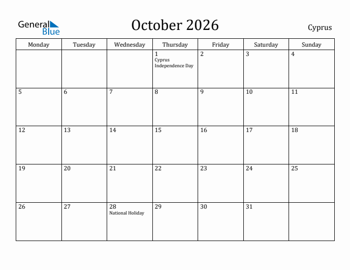 October 2026 Calendar Cyprus