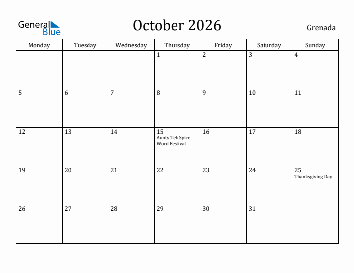 October 2026 Calendar Grenada