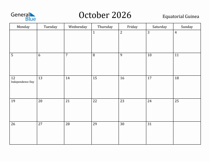 October 2026 Calendar Equatorial Guinea