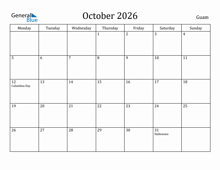 October 2026 Calendar Guam