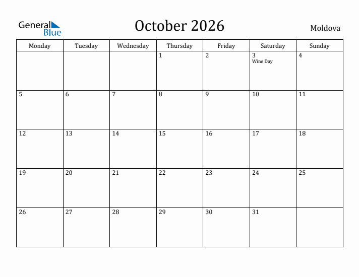 October 2026 Calendar Moldova