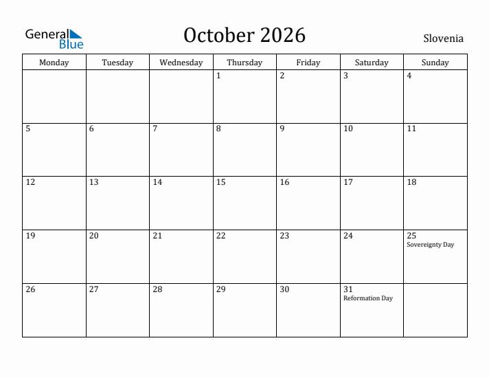 October 2026 Calendar Slovenia