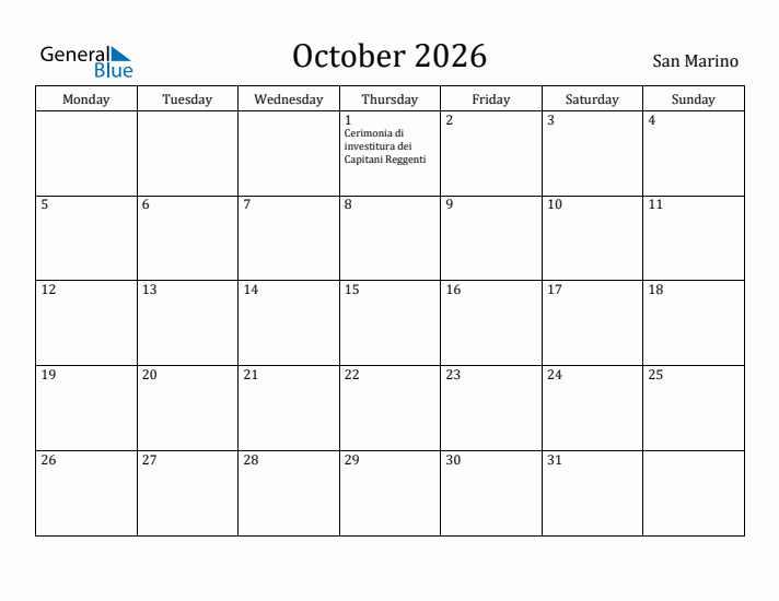 October 2026 Calendar San Marino