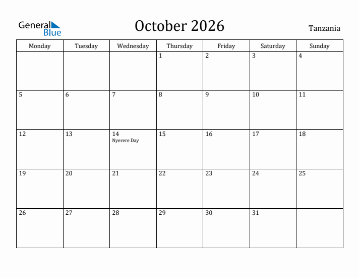 October 2026 Calendar Tanzania