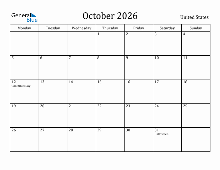 October 2026 Calendar United States