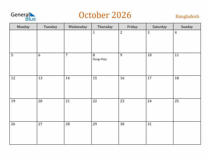 October 2026 Holiday Calendar with Monday Start