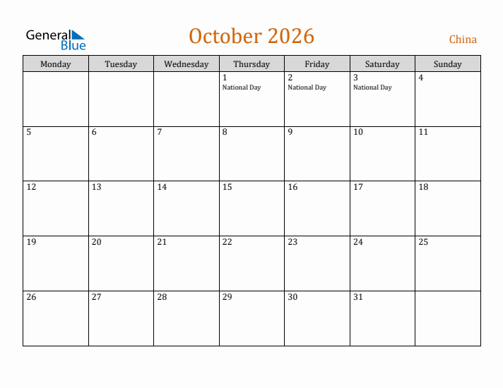 October 2026 Holiday Calendar with Monday Start