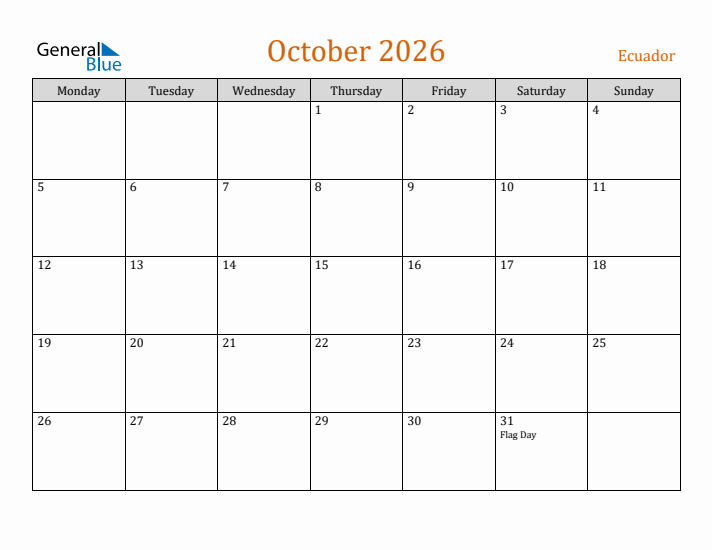 October 2026 Holiday Calendar with Monday Start