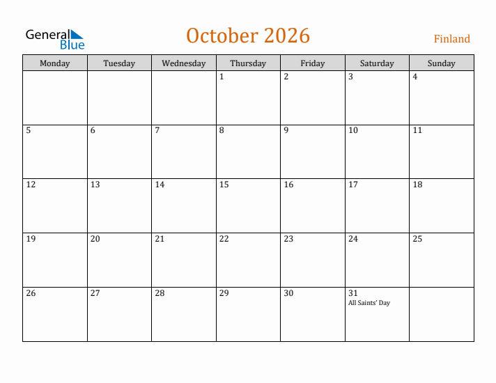 October 2026 Holiday Calendar with Monday Start