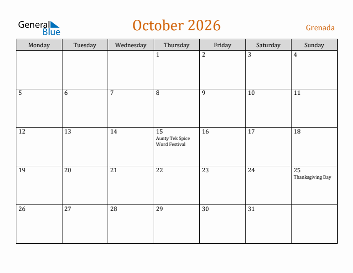 October 2026 Holiday Calendar with Monday Start