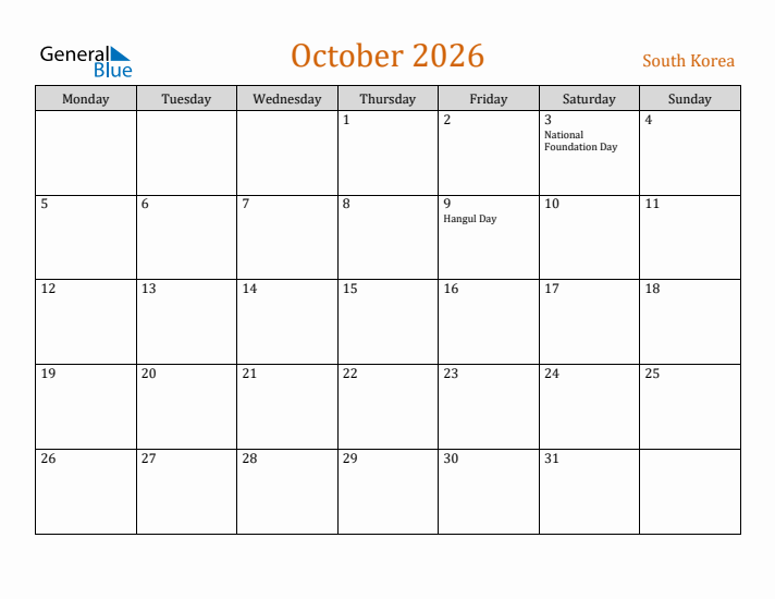 October 2026 Holiday Calendar with Monday Start