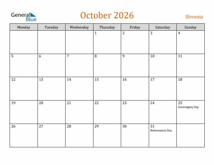 October 2026 Holiday Calendar with Monday Start