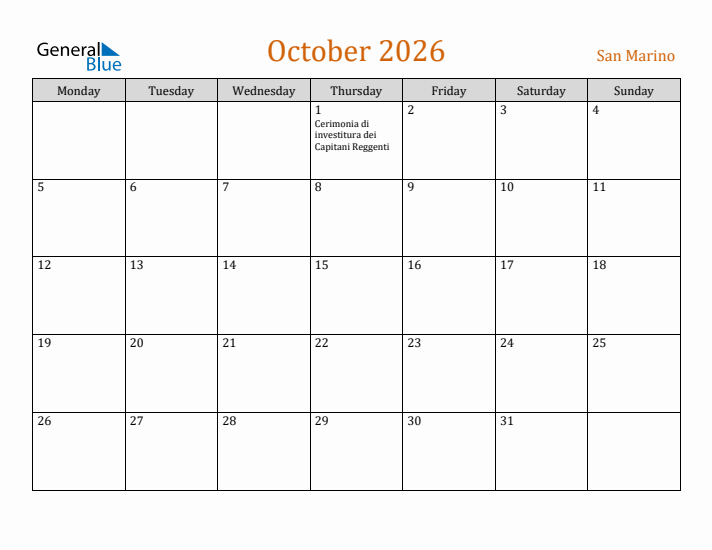 October 2026 Holiday Calendar with Monday Start