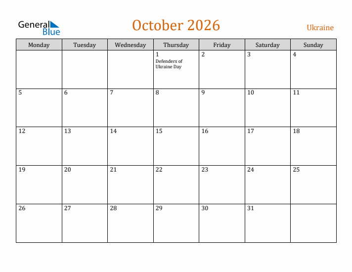 October 2026 Holiday Calendar with Monday Start