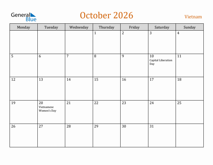 October 2026 Holiday Calendar with Monday Start