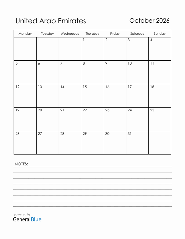October 2026 United Arab Emirates Calendar with Holidays (Monday Start)