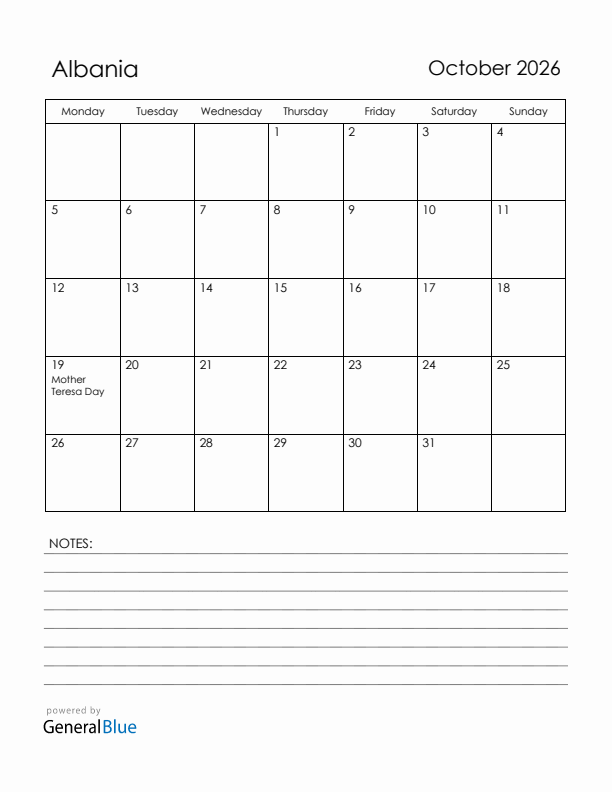 October 2026 Albania Calendar with Holidays (Monday Start)